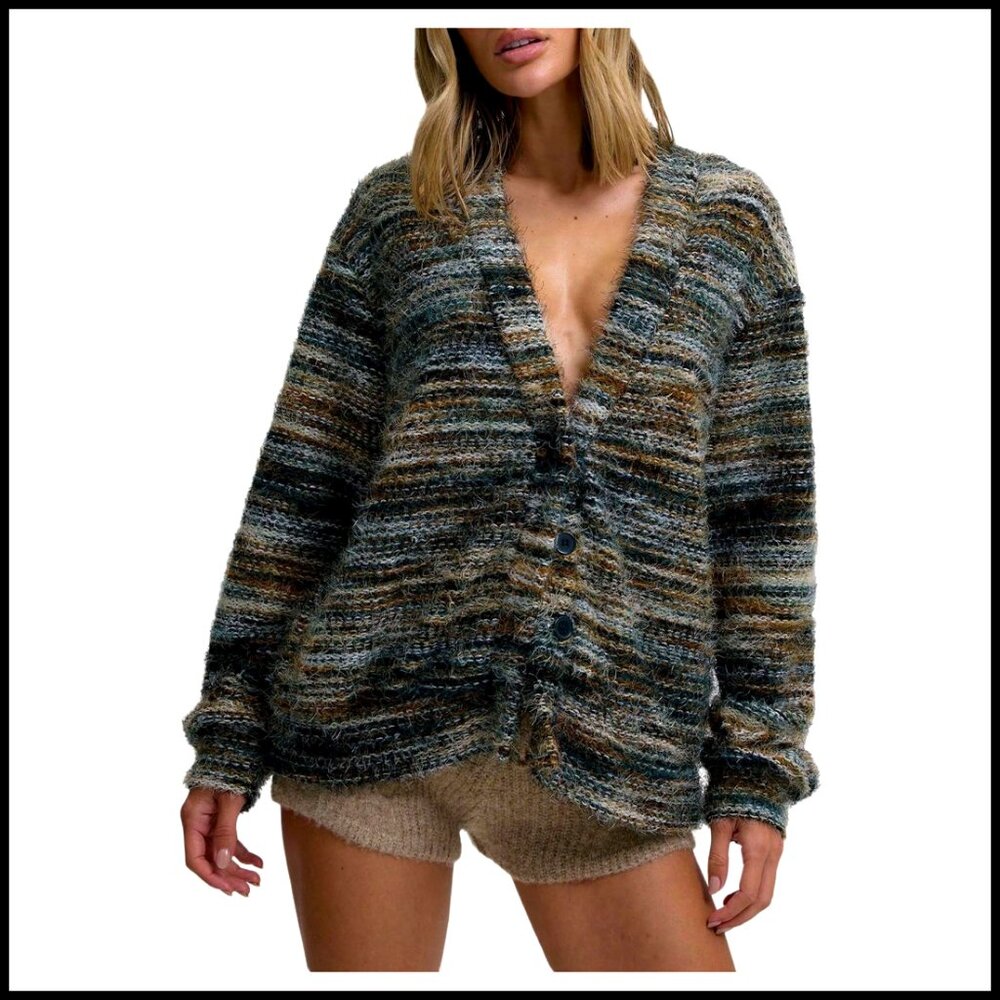 Oversized Striped Cardigan Sweater Button Down Long Sleeve Drop Shoulder Knit